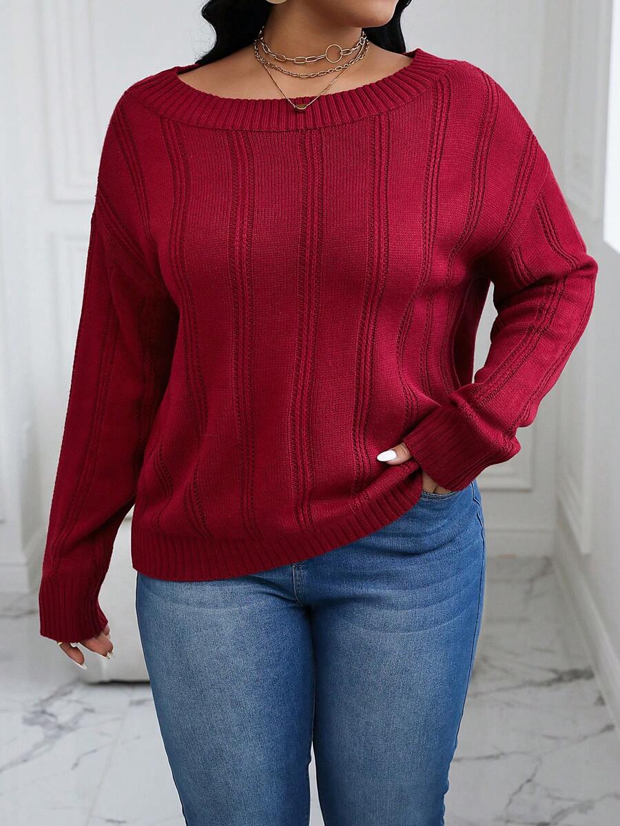 Flirla 大碼船領落肩袖套頭毛衣 - 酒紅色 - 查看 1