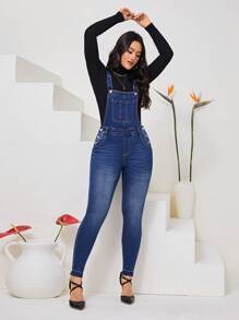 SHEIN Privé Túi nghiêng Quần yếm Denim Without Top - Rửa tối - Xem 5