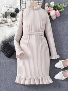 SHEIN Chica preadolescente Vestido con cinturón de manga amplia bajo con fruncido - Caqui - Ver 2