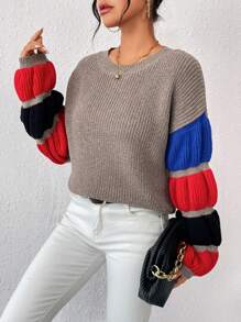Chiquease Suéter de punto con hombros caídos y bloques de color para otoño e invierno - Marrón Chocolate - Ver 5