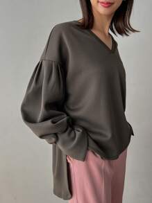 FRIFUL Women's V-Neck Drop Shoulder Sleeve Sweatshirt,Fall Clothes - Grey - View 6