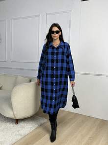 SHEIN LUNE 大碼女性格紋長款襯衫