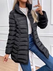 SHEIN LUNE Áo khoác có mũ trùm đầu có khóa kéo phía trước dành cho nữ Quần áo mùa đông - màu đen - Xem 1