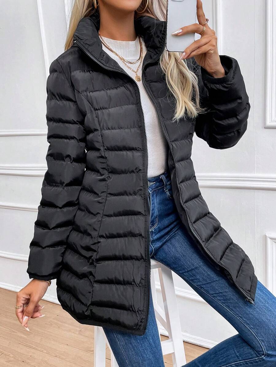 SHEIN LUNE Áo khoác có mũ trùm đầu có khóa kéo phía trước dành cho nữ Quần áo mùa đông - màu đen - Xem 1