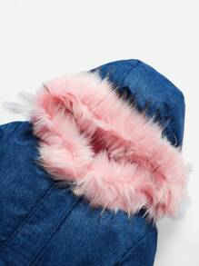 SHEIN Tween Girl Fuzzy Trim Hooded Flap Detail Denim Effect Coat - Blue - View 3