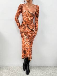SHEIN Essnce In Đá cẩm thạch Cổ vuông Đầm - Nhiều màu - Xem 3