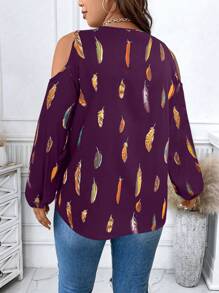 Celure Plus Feather Print Cold Shoulder O-ring Zipper Front Blouse - Purple - View 2