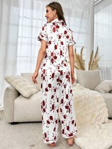 女士花卉印花睡衣套裝 - 白色 - 查看 2