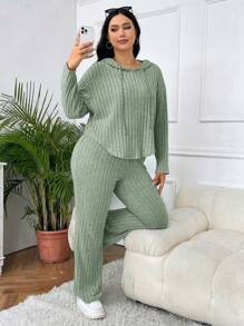 SHEIN EZwear Hơn Thả vai Dây rút Áo Hoodie & Quần - Màu xanh Bạc hà - Xem 6
