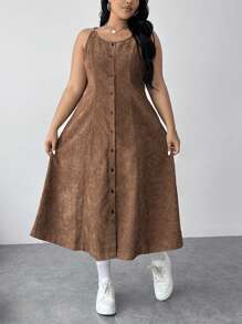 SHEIN EZwear Plus Size Corduroy Dress, For Winter - Brown - View 1