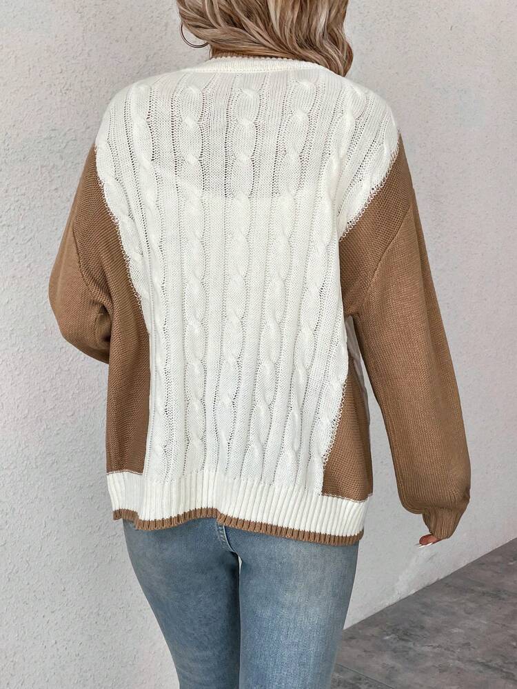 Two Tone Cable Knit Drop Shoulder Cardigan Fall Cloth For Women