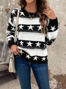 SHEIN Frenchy 星星圖案落肩袖套頭毛衣 - 彩色 - 查看 6