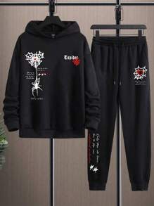 Manfinity LEGND Nam Đồ họa Khẩu hiệu Hoodie & Eo dây rút Quần thể thao - màu đen - Xem 2