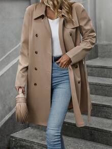 SHEIN Frenchy Double Breasted Belted Trench Coat - Khaki - View 3