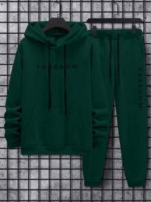 Manfinity Homme Men Letter Graphic Kangaroo Pocket Drawstring Hoodie & Sweatpants - Dark Green - View 3