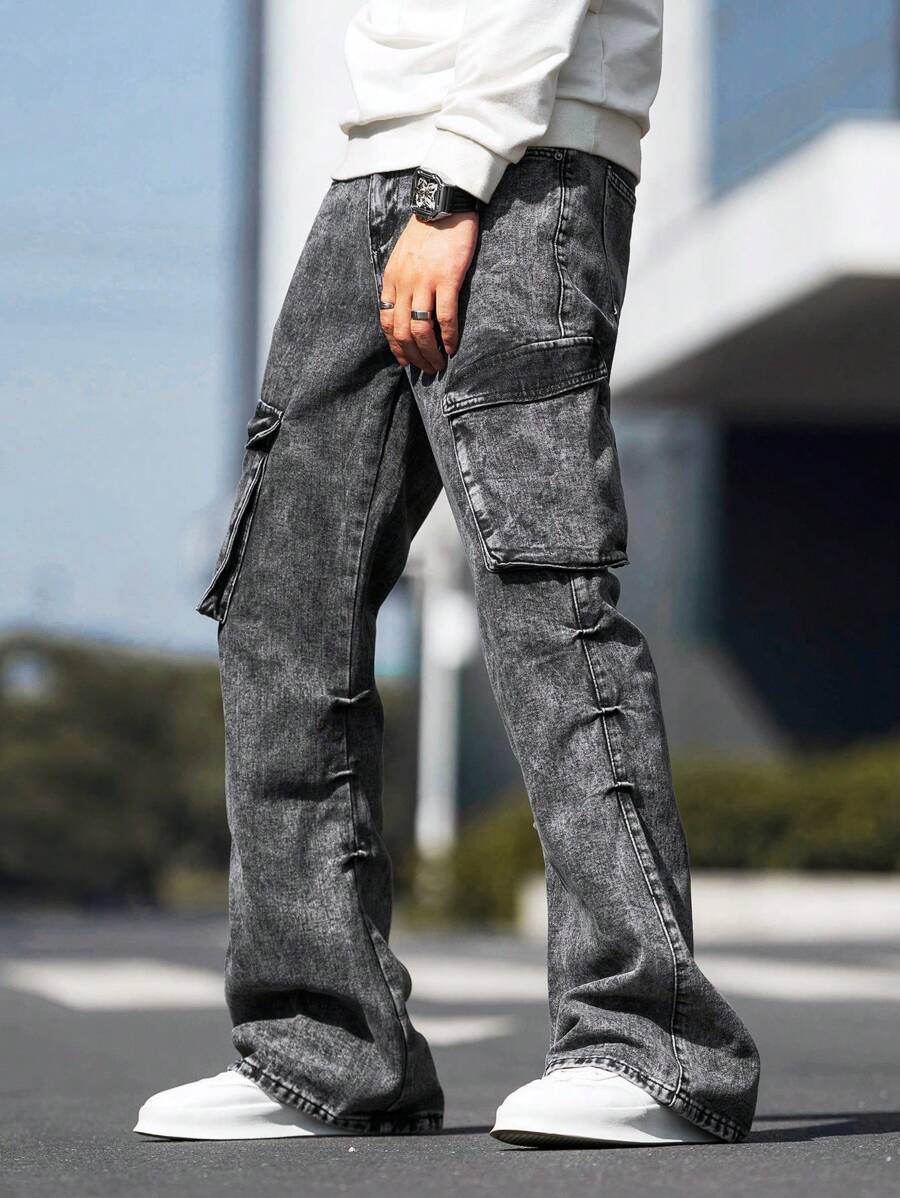 Manfinity Roghcode Men's Cargo Jeans Baggy Long Acid Wash Jean Plain Dark Grey Party Y2K Rapper - Grey - View 1