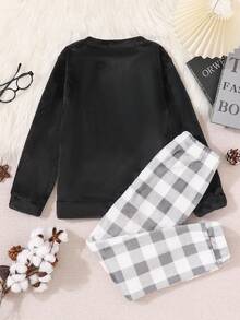 Traje Para Chicos De Franela Con Cuadrícula Bordada Con Letras - Negro - Ver 2