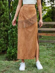 SHEIN WYWH 流蘇邊高衩半身裙 - 棕色 - 查看 5