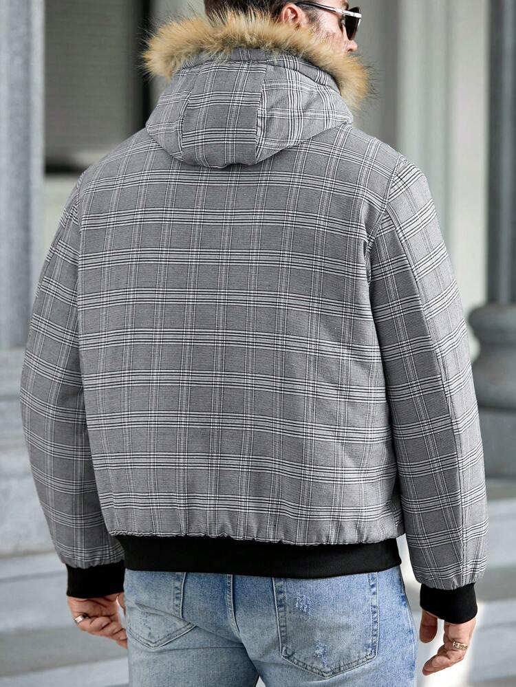 Loose Fit Plus Size Men Plaid Printed Fuzzy Trim Hooded Zip-Up Puffer Jacket, For Fall Winter