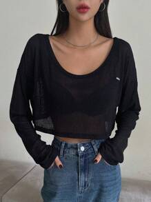 Dazy Star 女士宽松圆领上衣透明长袖女式上衣，秋季女装短款女式上衣 - 黑色 - 查看 4