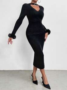 Chiquease Choker Neck Fuzzy Cuff Bodycon Sweater Dress - Black - View 3