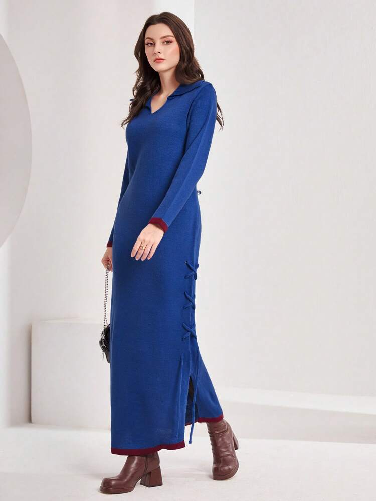 Solid Lace Up Side Contrast Trim Sweater Dress