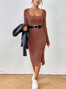 SHEIN Frenchy Cổ vuông Tách đùi Đầm Áo len - Hồng - Xem 6