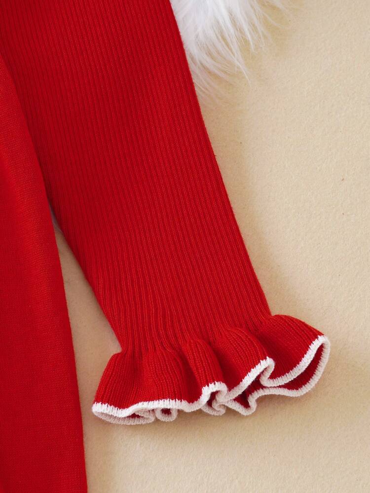 SHEIN Tween Girl Ruffle Striped Trim Flounce Sleeve Mock Neck Sweater Dress - Red - View 4