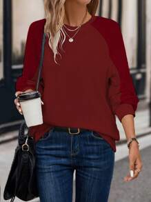 SHEIN LUNE Solid Raglan Sleeve Sweatshirt - Burgundy - View 4