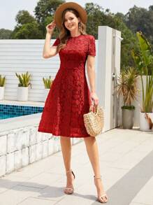 Elegant Round Neck Short Sleeve Skirt Lace Wedding Dress Bridesmaid Bride Bridal Cocktail Sbachelorette Party Engagement Bride Bridesmaid Bride Wedding Cocktail Party Formal Prom Bachelorette Engagement - Burgundy - View 1