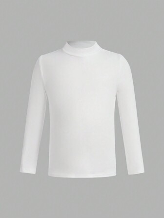 SHEIN Maglietta a maniche lunghe casual e semplice per ragazze, adatta per primavera e autunno, collo alto bianco