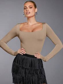 SHEIN BAE Square Neck Slim Fit Tee Bodysuit - Khaki - View 6