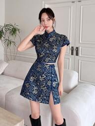 EastFlair Chinese Dragon Print Qipao Collar Top And Mini Skirt Set, Two Piece Qipao Suit
