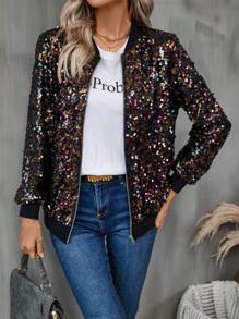 SHEIN LUNE 不对称图案亮片装饰派对音乐节经典拉链飞行夹克，适合所有季节，适合秋冬假日服装 - 彩色 - 查看 6