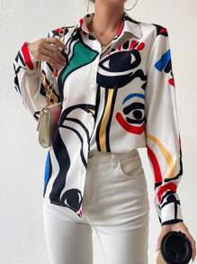 Chiquease Camisa De Botones Estampado De Dibujos Animados Con Mangas Enrolladas - Multicolor - Ver 1