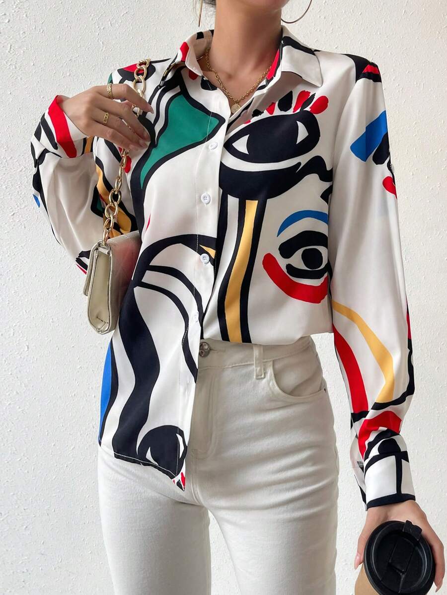 Chiquease Camisa De Botones Estampado De Dibujos Animados Con Mangas Enrolladas - Multicolor - Ver 1