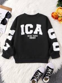 SHEIN Tween Girl Letter Graphic Thermal Lined Sweatshirt - Black - View 1