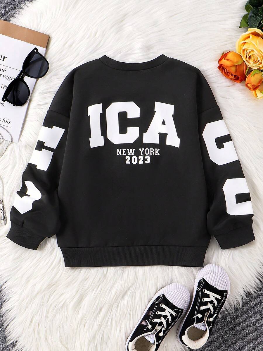 SHEIN Tween Girl Letter Graphic Thermal Lined Sweatshirt - Black - View 1