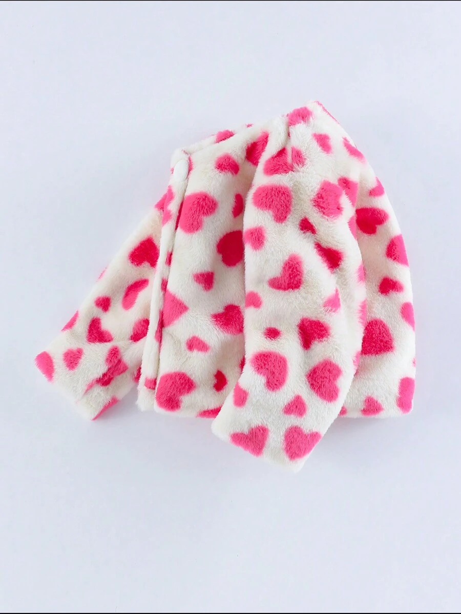 SHEIN 女小童愛心圖案絨毛外套 - 白色 - 查看 1