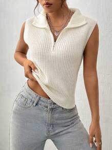 SHEIN Unity Half Zip Ribbed Knit Sweater Vest - White - View 4