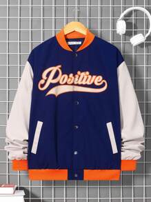 SHEIN Teen Boy Letter Graphic Colorblock Drop Shoulder Varsity Jacket Without Hoodie - Multicolor - View 3