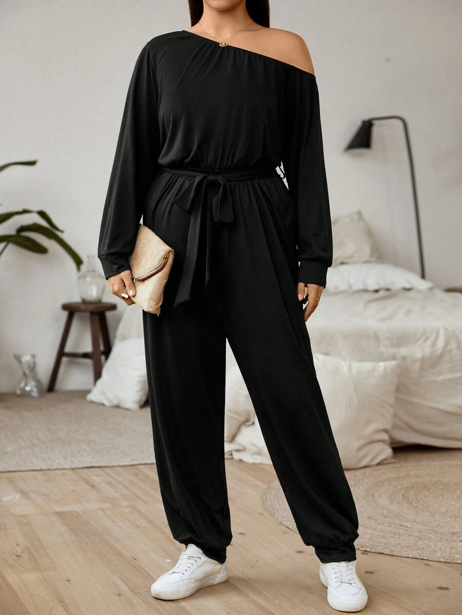 SHEIN Clasi Mono con cuello asimétrico y cinturón talla grande - Negro - Ver 1