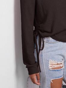 SHEIN Essnce Bên dây rút Đồ đan Ribbed Áo thun - Cà phê nâu - Xem 5