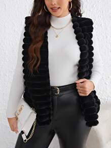 SHEIN Clasi Hơn Mở Mặt trước Áo khoác vest fuzzy - màu đen - Xem 3