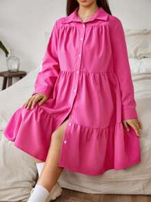 Flirla Plus Ruffle Hem Smock Dress - Hot Pink - View 6