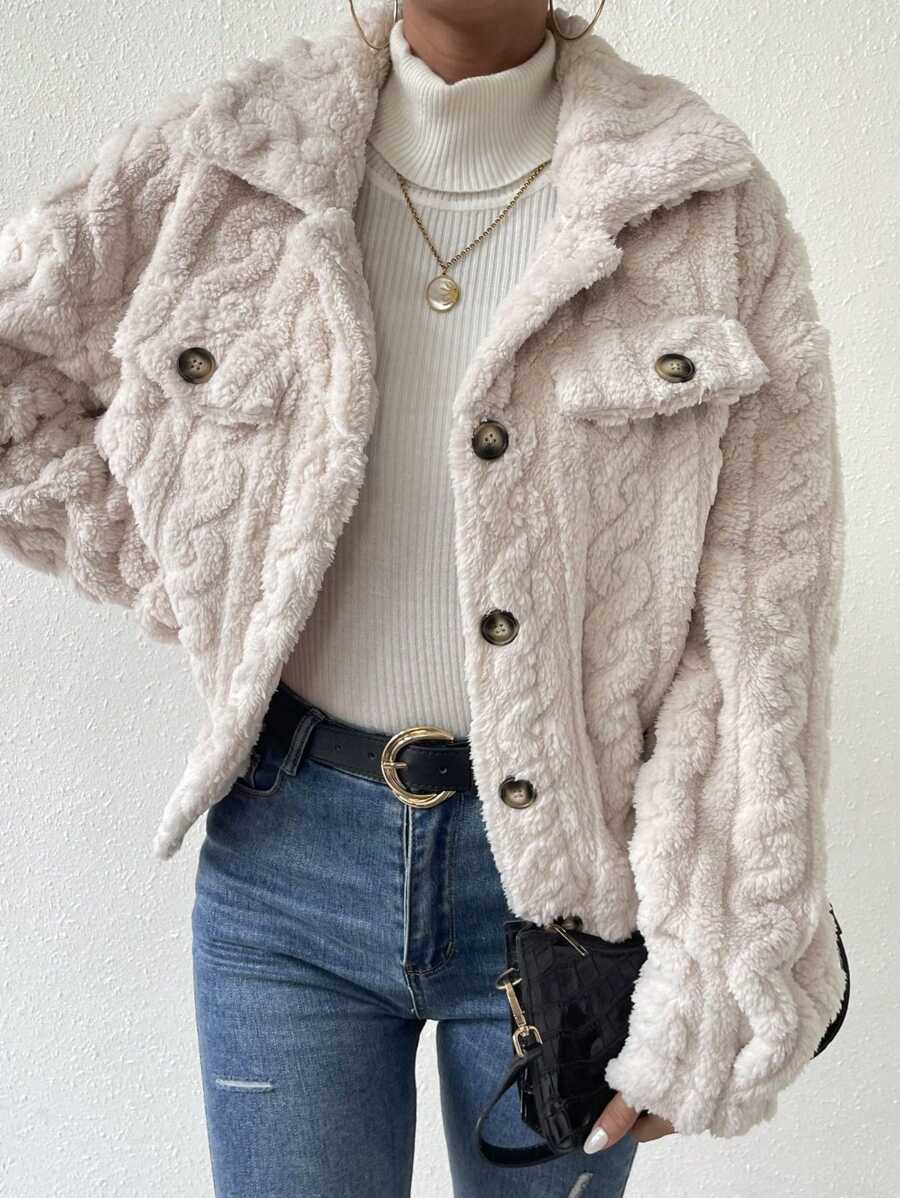 SHEIN LUNE 鈕扣設計毛絨外套 - 米色 - 查看 1