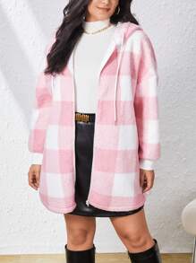 SHEIN Essnce Plus Buffalo Plaid Print Zip Up Drawstring Hooded Teddy Coat - Pink - View 5