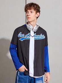 SHEIN Thiếu niên con trai Đồ họa Chữ cái Hai âm Cổ Đứng Áo sơ mi - Đen và trắng - Xem 4
