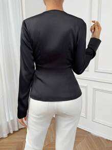 Firerie Solid Knot Side Wrap Blouse,Long Sleeve Tops,Graduation,Teacher Outfits For Women,Back To School - Black - View 2