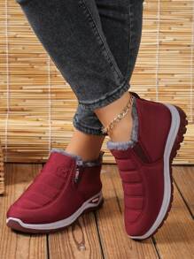 Women's Fashion Soft Bottom Slip-On Snow Boots, Warm & Thick Thermal Lined Ankle Snow Boots, Winter Sports Shoes, Black,Fur Boots - Red - View 1